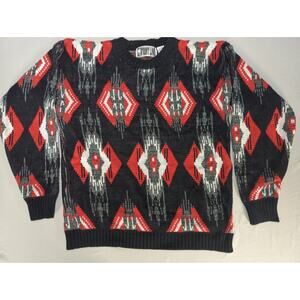 Vintage Front Line Sweater XL 80s Geometric Aztec Knit Pullover Made Hong Kong